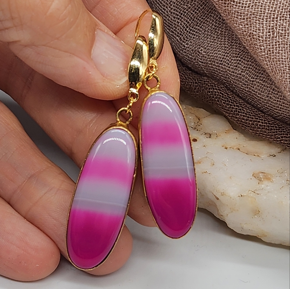 Natural Pink Lace Agate Stone Silver 14K Gold plated Earrings Boho Luxury